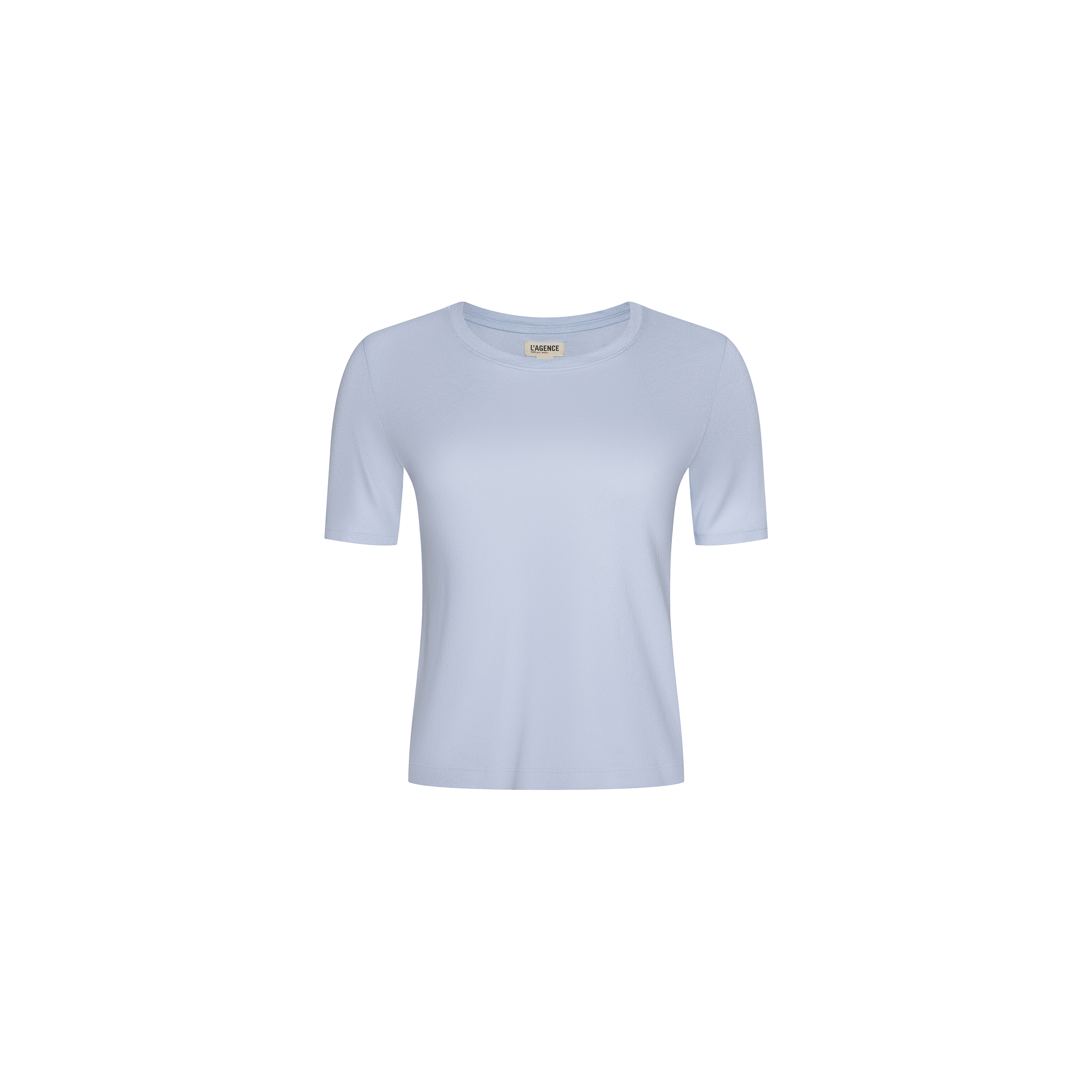 The Stormy Cropped Cotton Tee, a semi-relaxed organic cotton shirt in light blue with a cropped length, is centered on a white background and displayed from the front.