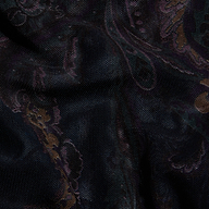 Close-up of the Kalea Mesh Bodysuit, featuring dark mesh fabric adorned with a subtle midnight blue paisley pattern in muted shades of brown, green, and purple, softly illuminated to highlight the texture and delicate folds.