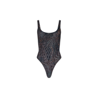 Introducing the Kalea Mesh Bodysuit—a sleeveless, dark-toned one-piece featuring a sheer stretch mesh design adorned with a subtle wavy abstract pattern, showcased against a plain white background.
