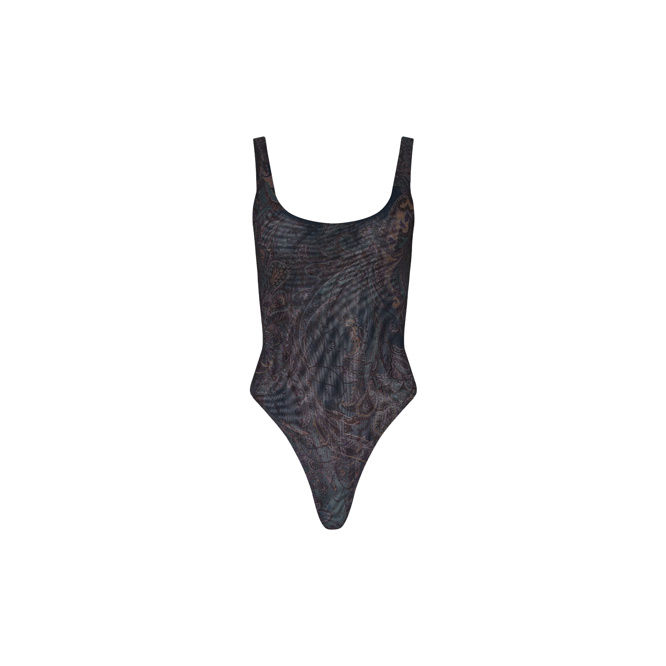 Introducing the Kalea Mesh Bodysuit—a sleeveless, dark-toned one-piece featuring a sheer stretch mesh design adorned with a subtle wavy abstract pattern, showcased against a plain white background.