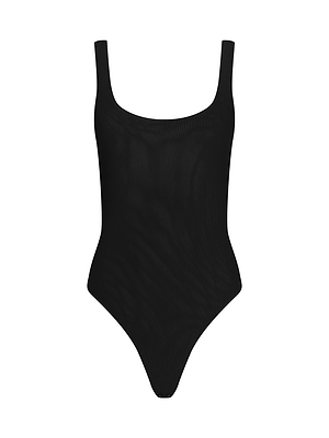 The Kalea Mesh Bodysuit is a plain black, sleeveless, semi-sheer piece with a scoop neck and high-cut leg openings, shown on a white background.