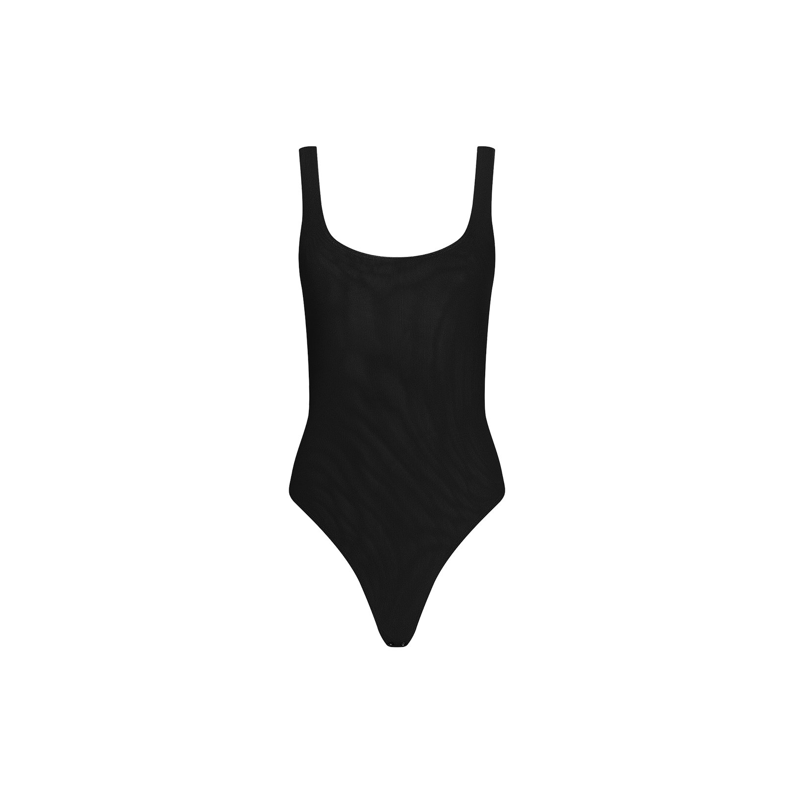 The Kalea Mesh Bodysuit, a black, sleeveless, form-fitting piece with a scoop neckline and high-cut legs, is displayed against a plain white background. This mesh bodysuit combines style and comfort for a sleek, modern look.