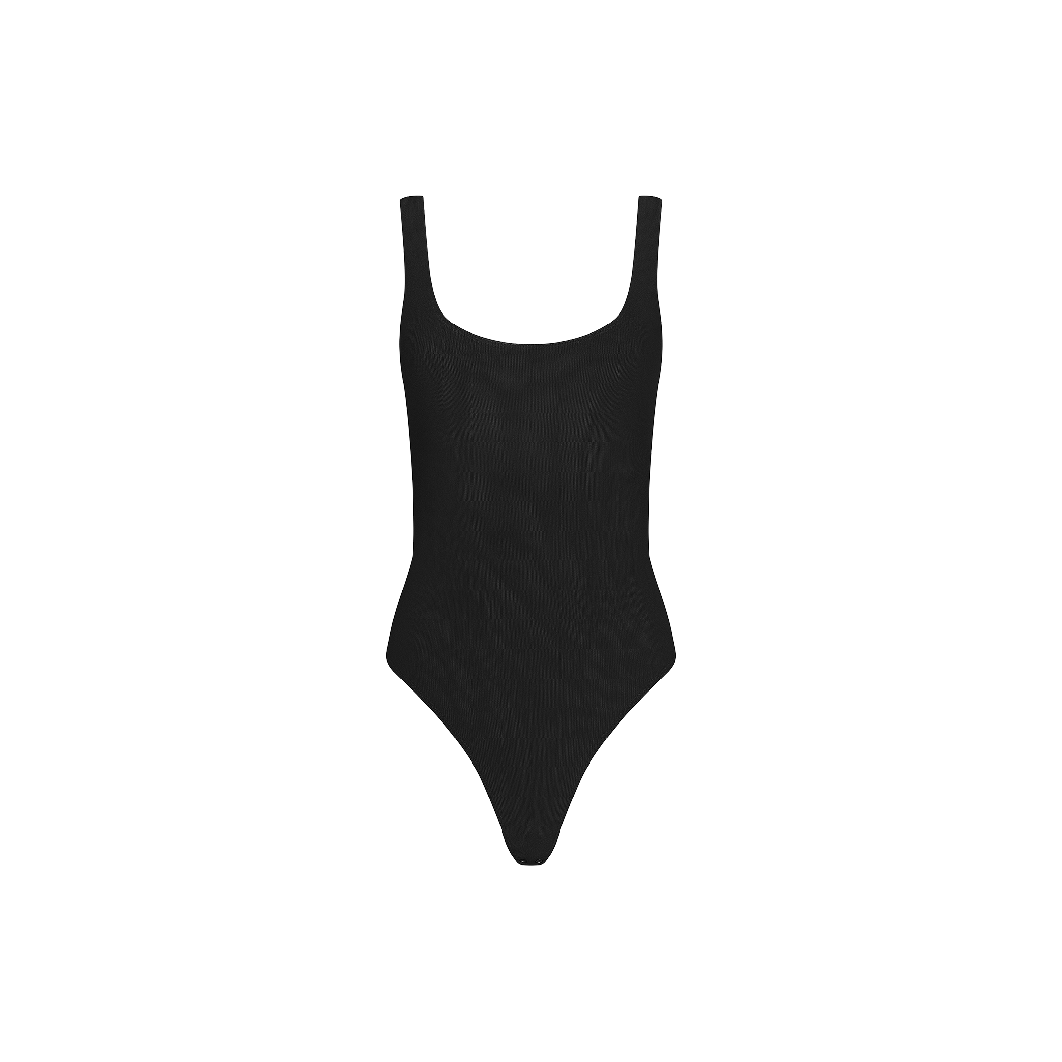 The Kalea Mesh Bodysuit features a plain black one-piece design with wide shoulder straps and a scoop neckline, showcased against a white background.