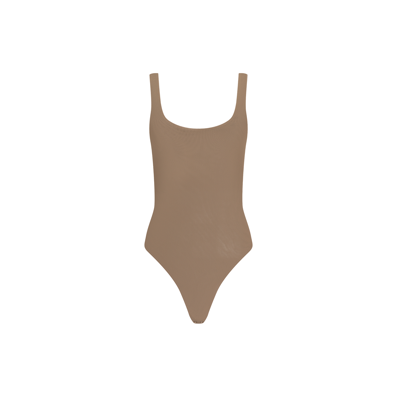 The Kalea Mesh Bodysuit is a taupe one-piece with a scoop neckline and high-cut legs, crafted as a lightweight layer and shown on a plain white background.