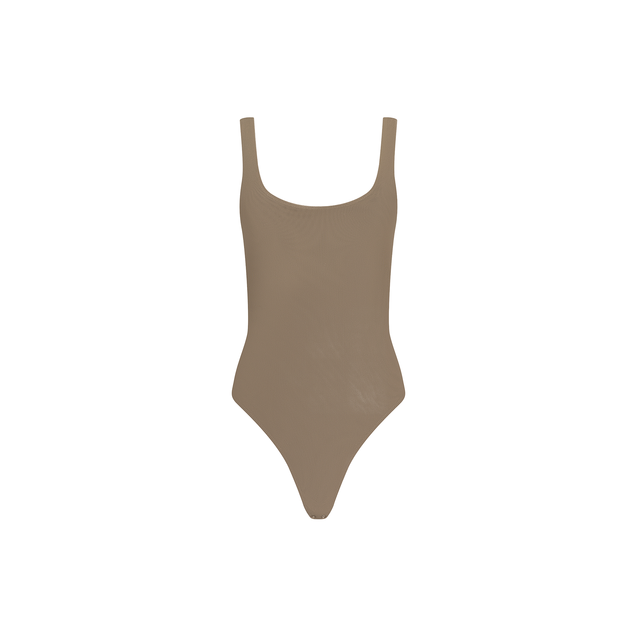 The Kalea Mesh Bodysuit is a taupe, sleeveless lightweight piece featuring a scoop neckline and high-cut legs, shown against a plain white background.