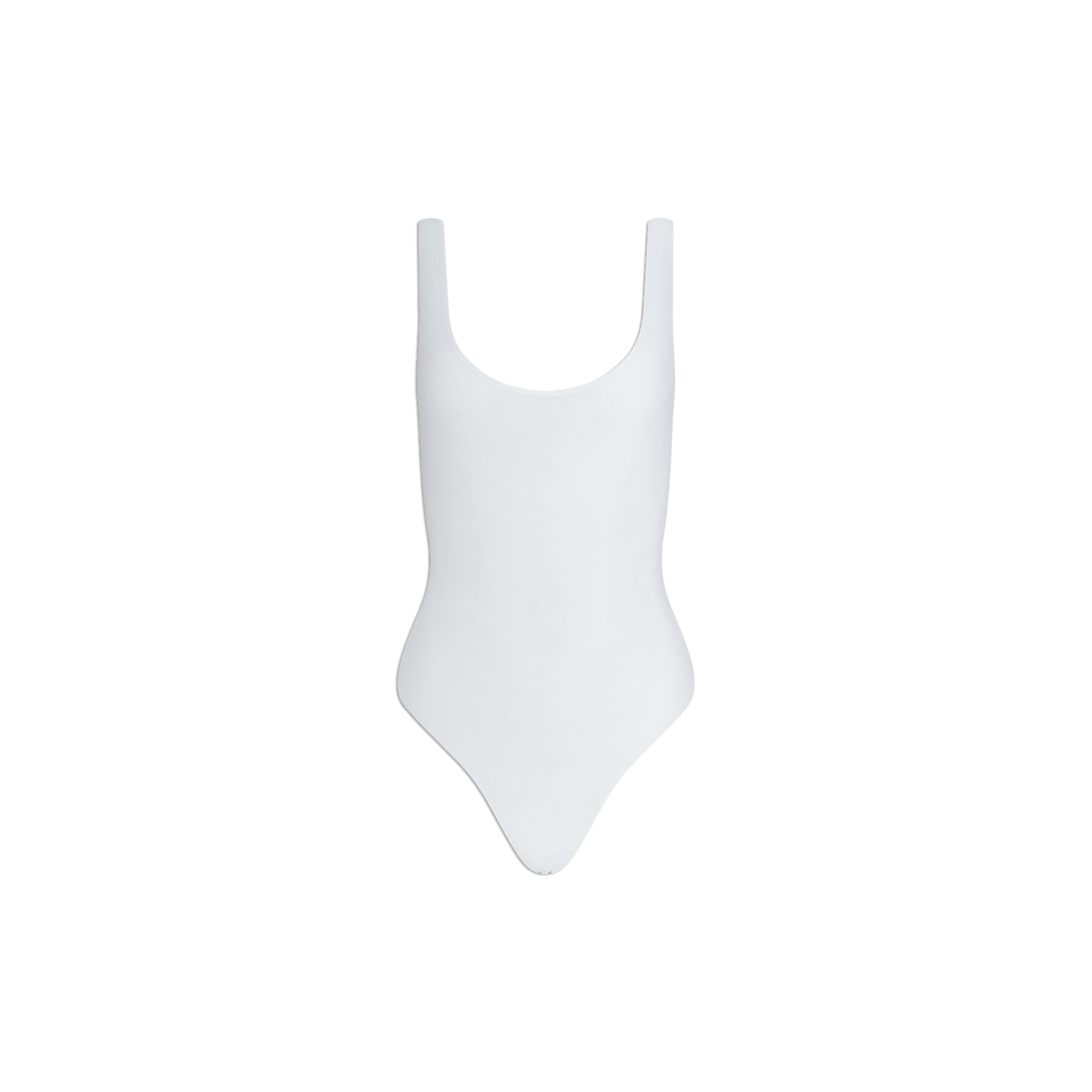 The Kalea Mesh Bodysuit is displayed on a white background, featuring a plain white design with a scoop neckline and high-cut legs, offering a versatile option for everyday styling or as a lightweight layer beneath your favorite cover-up.