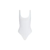 Kalea Mesh Bodysuit—a lightweight, plain white one-piece styled bodysuit featuring wide shoulder straps and a scoop neckline, displayed on a white background.