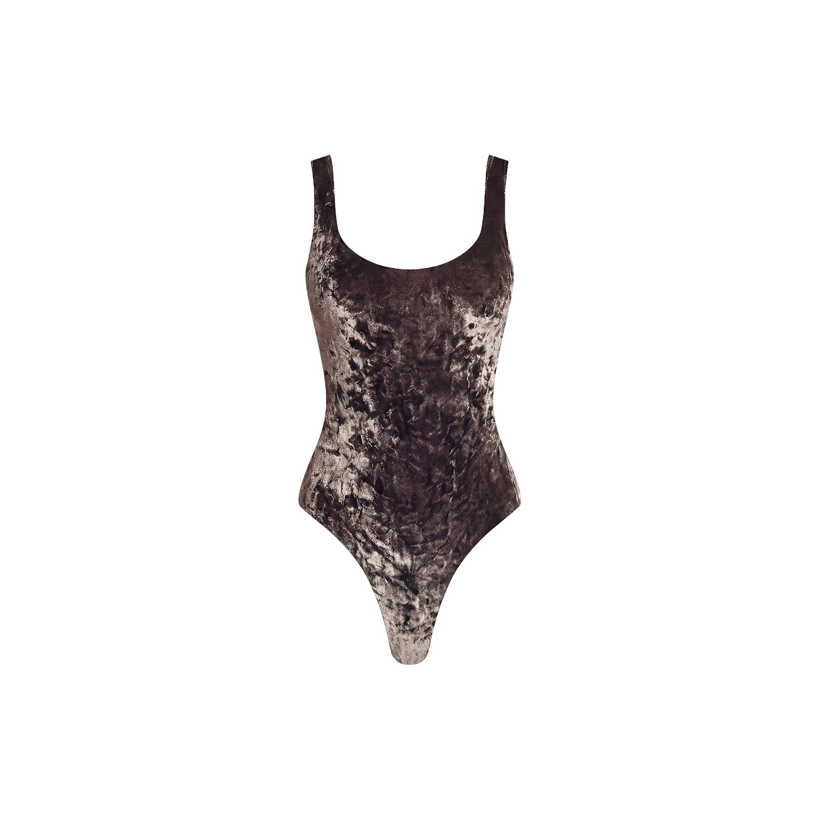 The Kalea Velvet Bodysuit is a sleeveless, high-cut design with a scoop neckline, crafted in a brown and gray crushed velvet pattern and displayed on a plain white background—ideal for effortless everyday styling.