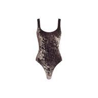 The Kalea Velvet Bodysuit is a brown velvet piece featuring a scoop neckline and thick shoulder straps, designed as a lightweight layer. Shown against a plain white background.