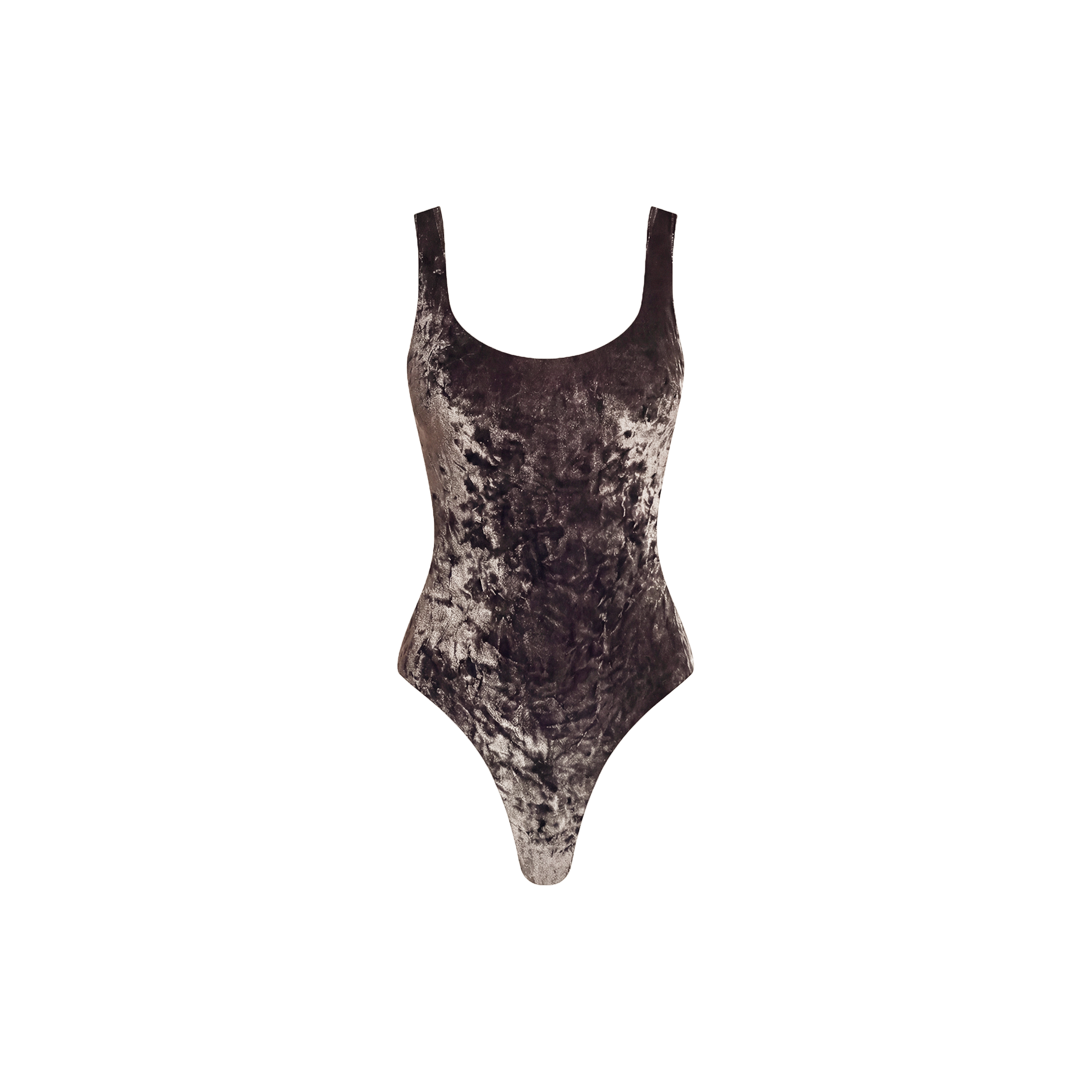 The Kalea Velvet Bodysuit is a brown velvet piece featuring a scoop neckline and thick shoulder straps, designed as a lightweight layer. Shown against a plain white background.