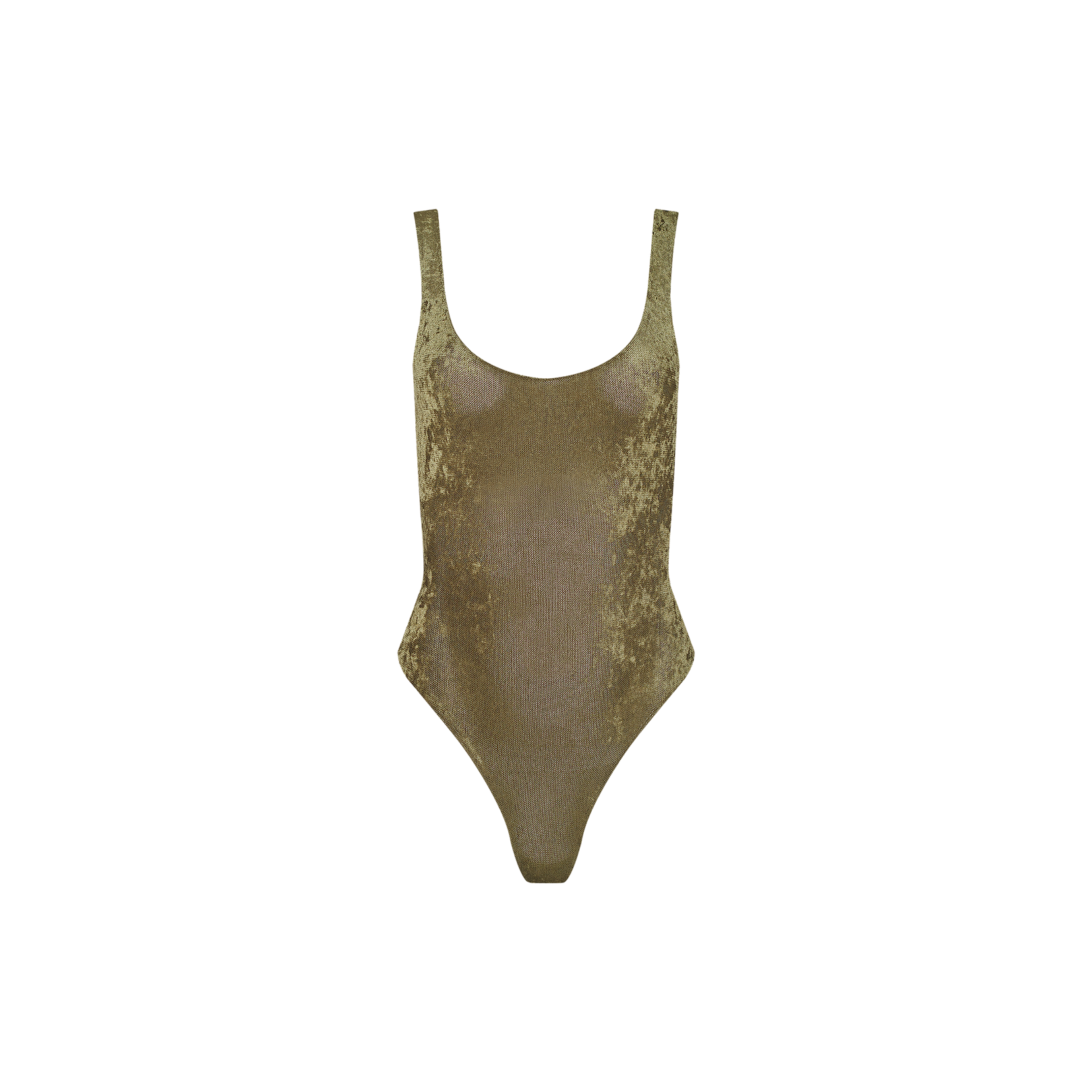 The Kalea Velvet Bodysuit in olive green features a flattering scoop neckline and high-cut legs, elegantly displayed on a plain white background.