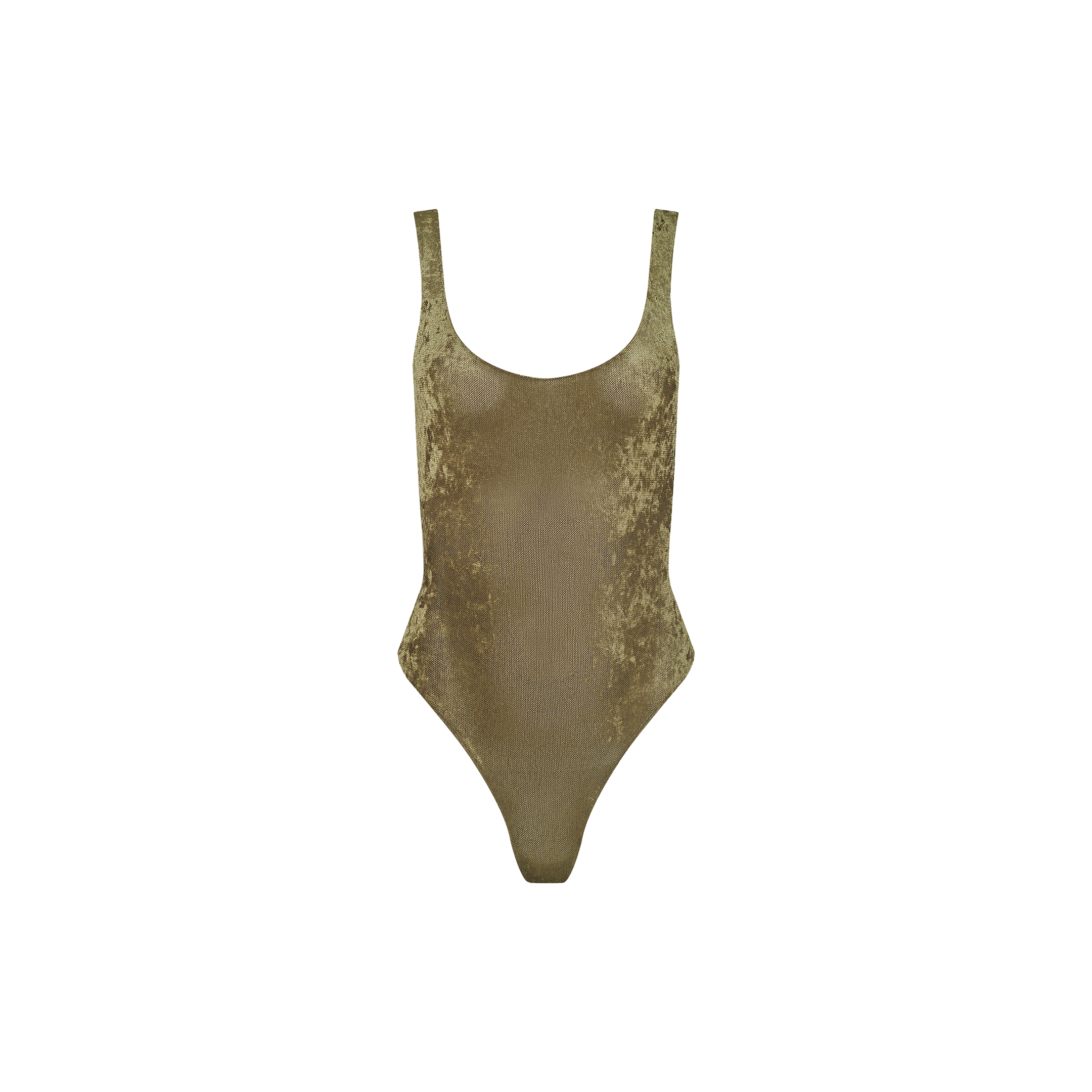The Kalea Velvet Bodysuit in olive green features a flattering scoop neckline and high-cut legs, elegantly displayed on a plain white background.