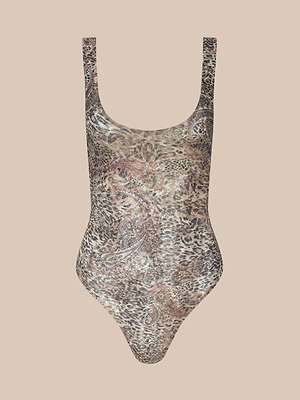The Kalea Mesh Bodysuit features a scoop neckline, high-cut legs, and a semi-sheer leopard paisley print in neutral brown and beige tones, displayed on a plain light beige background.