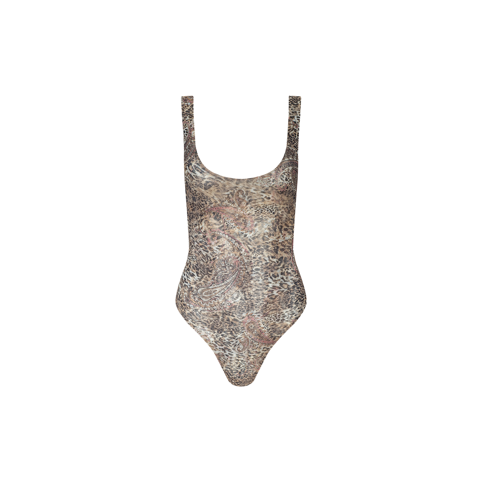 Introducing the Kalea Mesh Bodysuit—a sleeveless one-piece with a scoop neckline and high-cut legs, showcasing a bold leopard paisley print in brown and beige hues. Displayed on a white background, this lightweight mesh layer is perfect for elevating your poolside style.