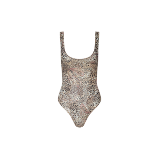 Introducing the Kalea Mesh Bodysuit—a sleeveless one-piece with a scoop neckline and high-cut legs, showcasing a bold leopard paisley print in brown and beige hues. Displayed on a white background, this lightweight mesh layer is perfect for elevating your poolside style.