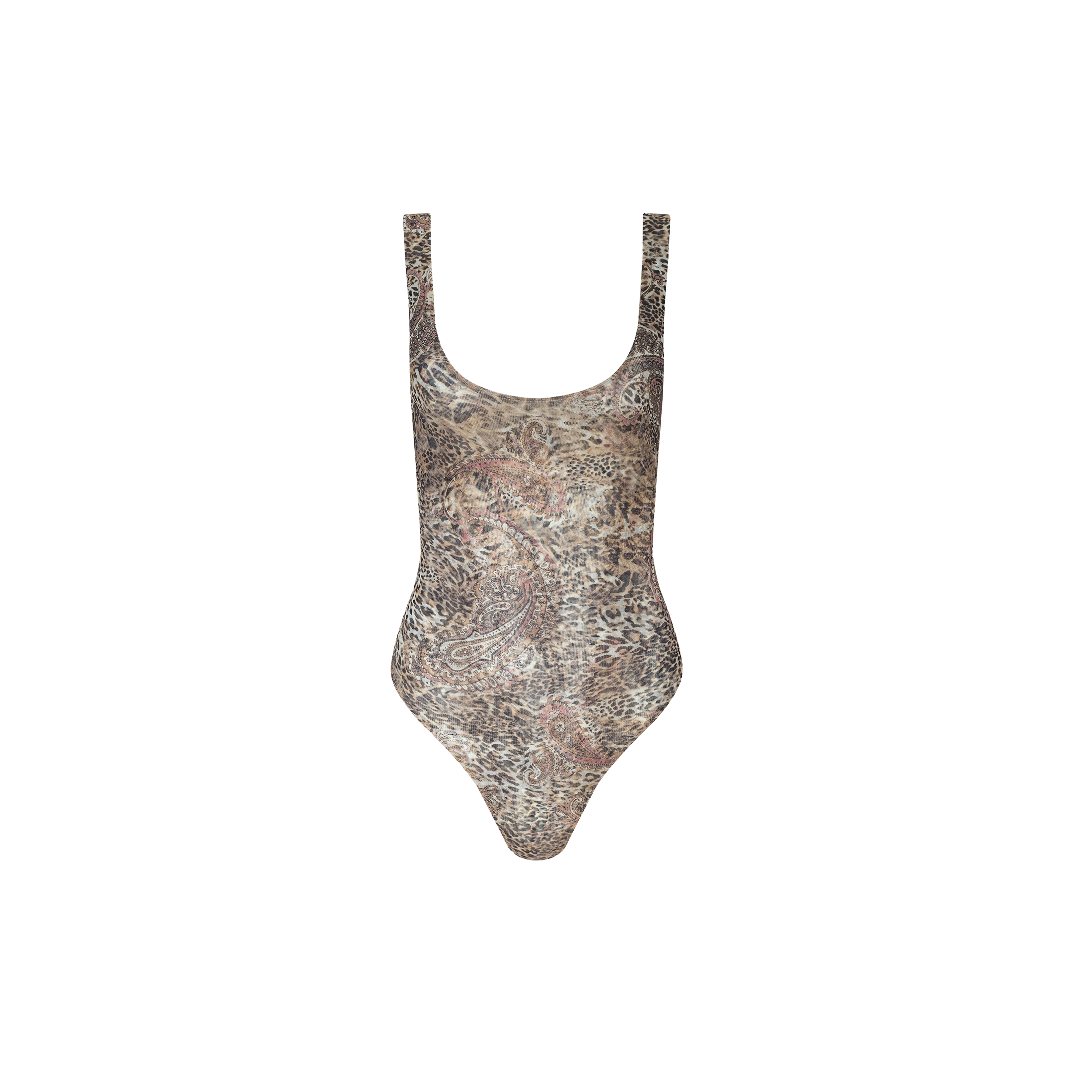 Kalea Mesh Bodysuit with wide shoulder straps, featuring an all-over leopard paisley print in brown, beige, and muted tones, displayed on a plain white background.