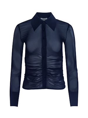 The Isola Mesh Blouse is a navy blue sheer top with long sleeves, a pointed collar, and elegant ruched detailing at the waist.