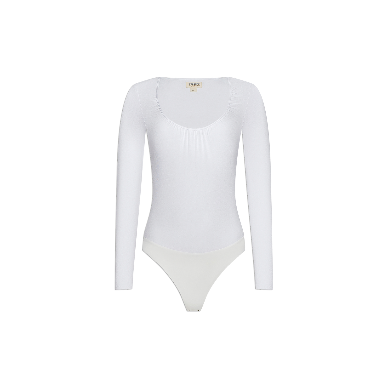 The Cassandra Ruched Bodysuit is a plain white long-sleeve top featuring a scoop neckline and fitted silhouette, shown on a white background. Perfect as a versatile base layer.