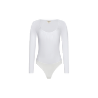 The Cassandra Ruched Bodysuit is a plain white long-sleeve top featuring a scoop neckline and fitted silhouette, shown on a white background. Perfect as a versatile base layer.