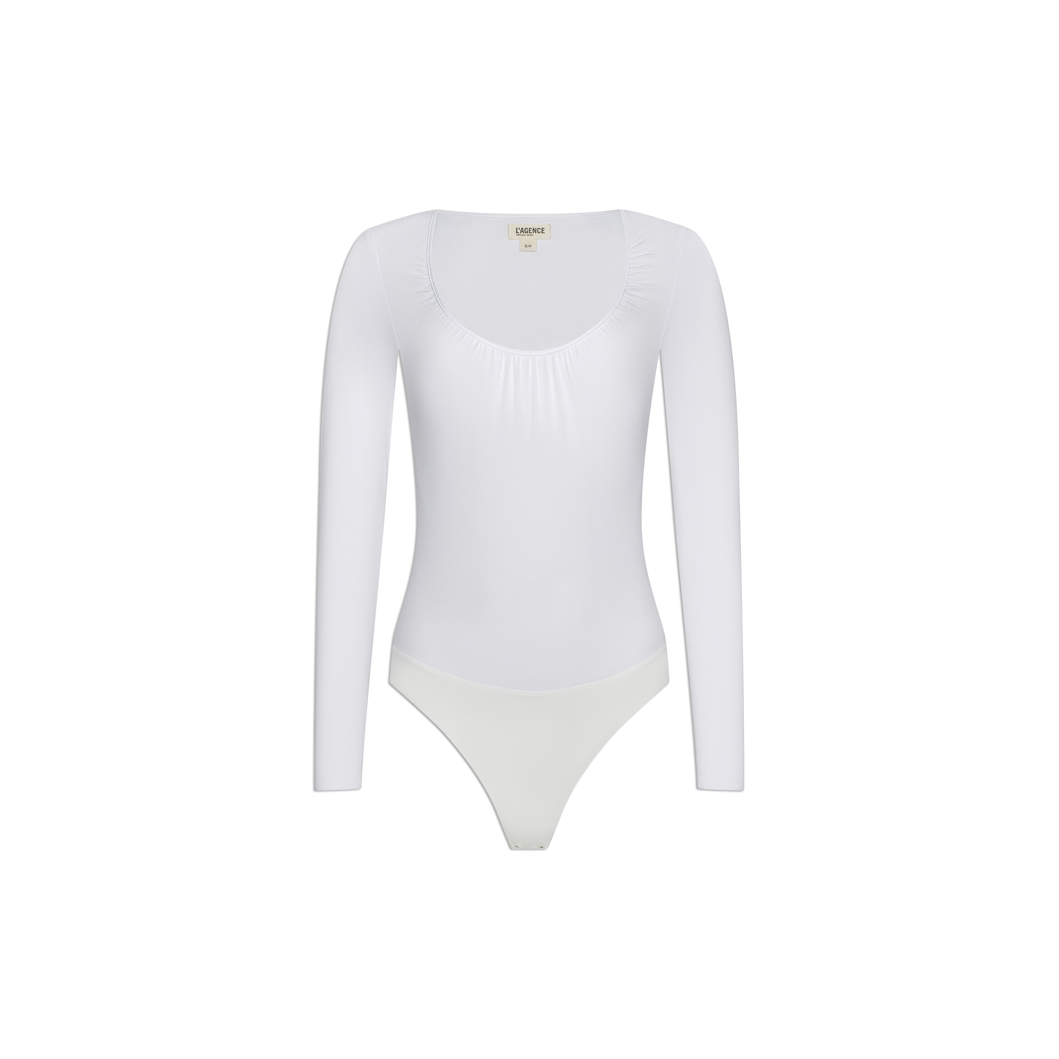 The Cassandra Ruched Bodysuit is a plain white long-sleeve top featuring a scoop neckline and fitted silhouette, shown on a white background. Perfect as a versatile base layer.