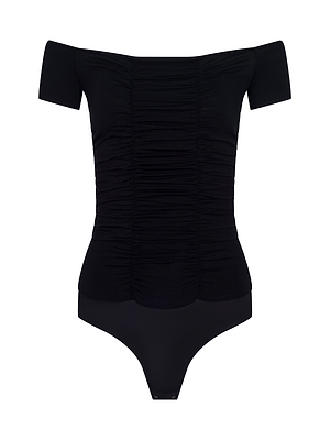 The Baliegh Ruched Bodysuit is a black rayon stretch jersey piece, displayed against a white background.