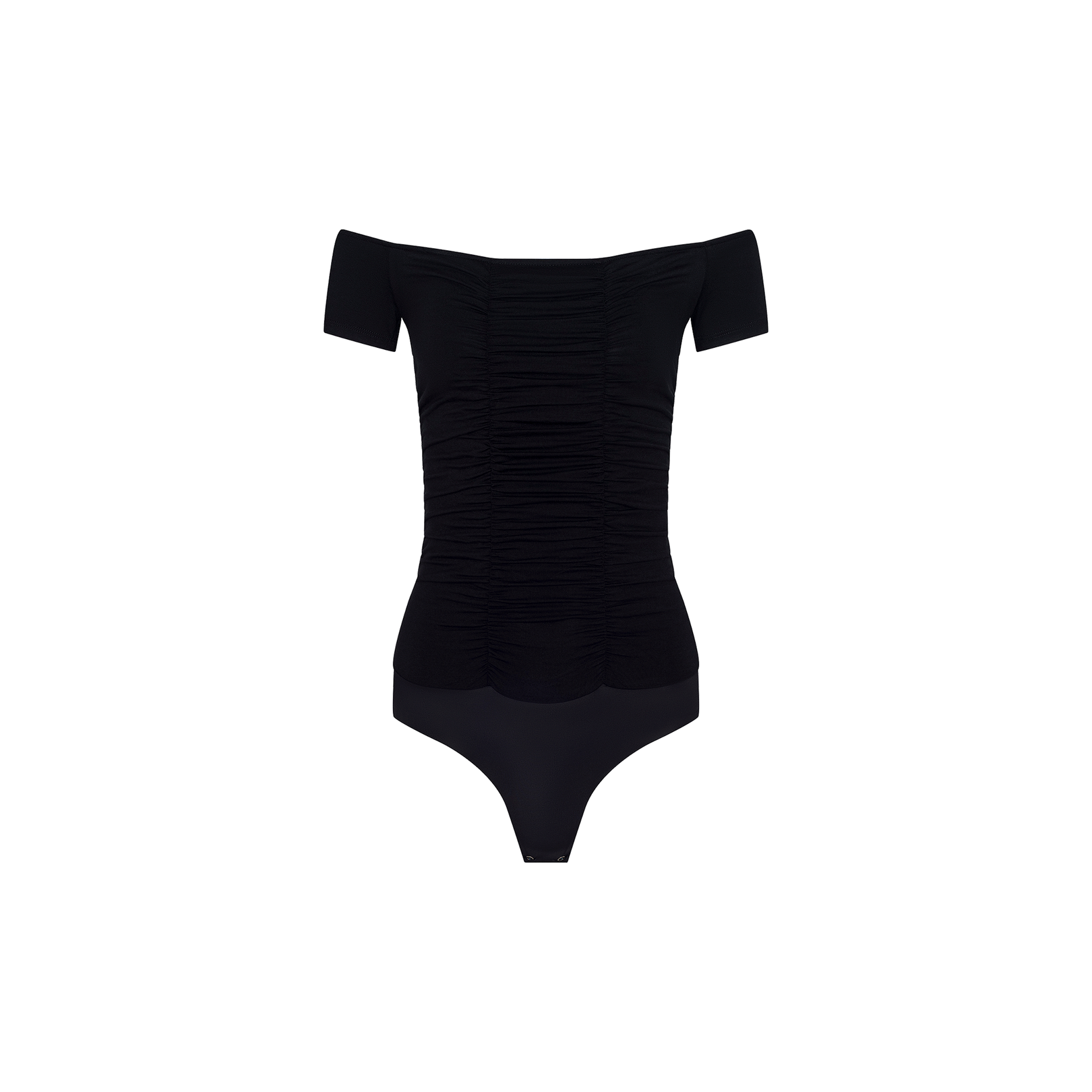 The Baliegh Ruched Bodysuit is a black, off-the-shoulder piece made from rayon stretch jersey, showcasing short sleeves and allover front ruching, shown against a plain white background.