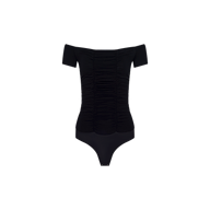 The Baliegh Ruched Bodysuit is a black, off-the-shoulder piece made from rayon stretch jersey, showcasing short sleeves and allover front ruching, shown against a plain white background.