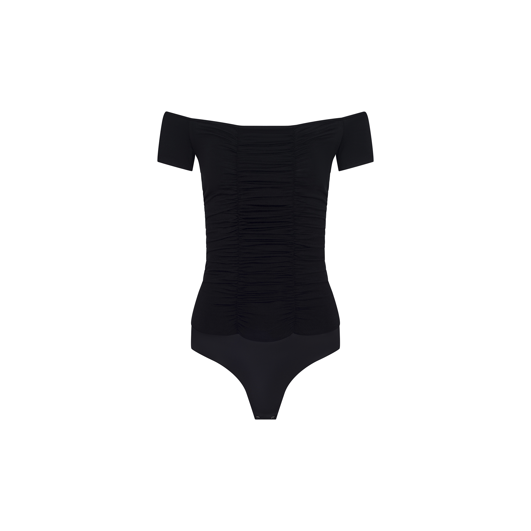 The Baliegh Ruched Bodysuit is a black, off-the-shoulder piece made from rayon stretch jersey, showcasing short sleeves and allover front ruching, shown against a plain white background.