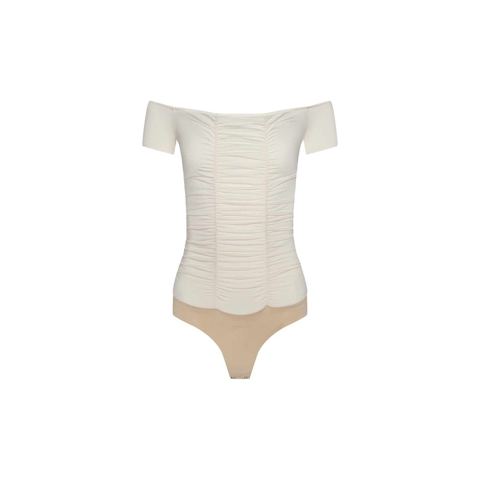 The Baliegh Ruched Bodysuit is an off-the-shoulder, vintage-inspired white top with short sleeves, delicate scalloped edges, and flattering ruching. It features a beige thong bottom and is displayed on a plain white background.