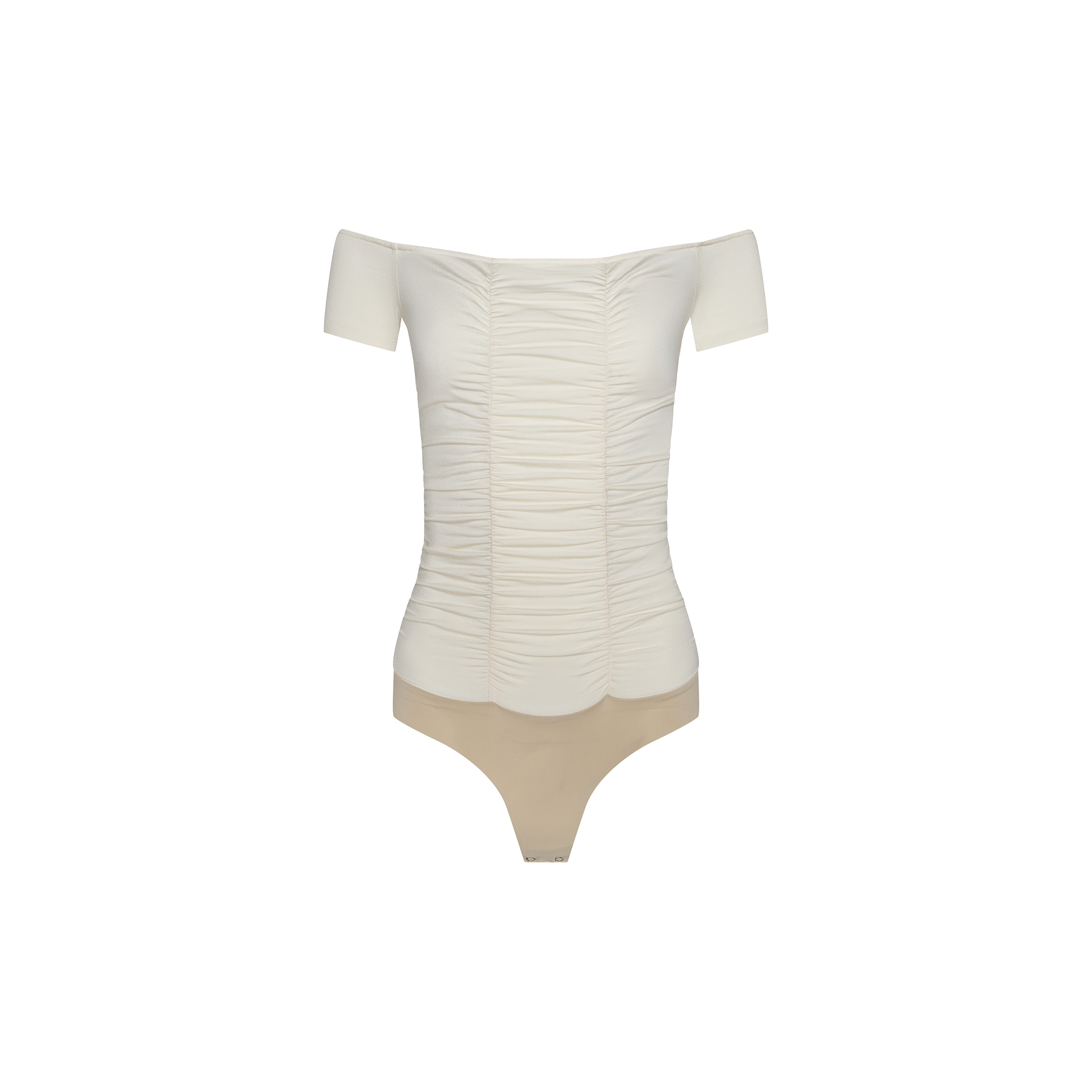 The Baliegh Ruched Bodysuit is an off-the-shoulder, vintage-inspired white top with short sleeves, delicate scalloped edges, and flattering ruching. It features a beige thong bottom and is displayed on a plain white background.