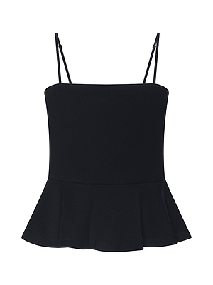 The Parisa Peplum Top is a black ponte tank with a fitted bodice, thin adjustable spaghetti straps, and a flared hem, shown against a plain white background.