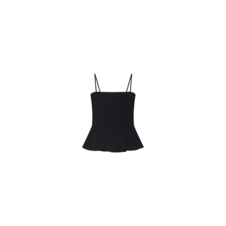 The Parisa Peplum Top is a black sleeveless tank with thin adjustable straps, a fitted bodice, and a flared peplum hem, shown on a plain white background.