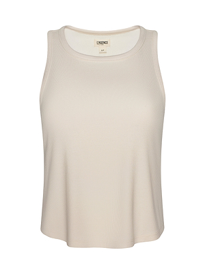 The Cael Tank Top is a sleeveless, light beige basic with an ultra-soft rib texture and round neckline—ideal for effortless layering. Shown on a plain white background.