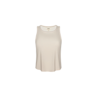 The Cael Tank Top is an ultra-soft beige ribbed tank featuring a round neckline, ideal for layering, shown against a plain white background.