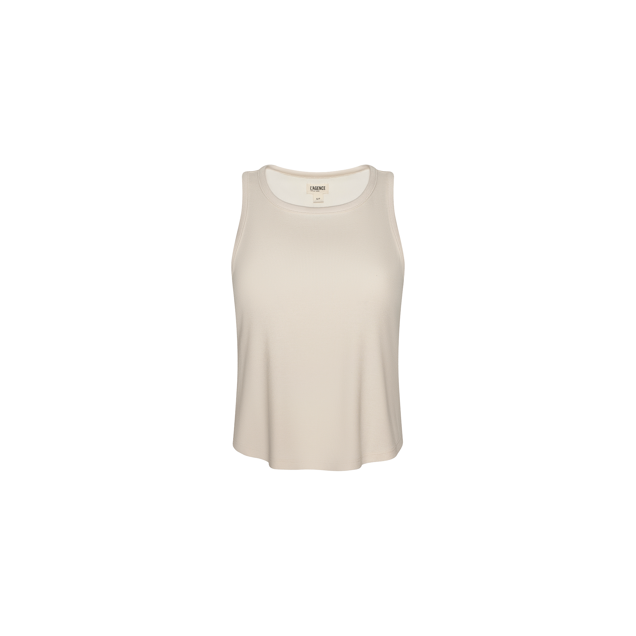 The Cael Tank Top is an ultra-soft beige ribbed tank featuring a round neckline, ideal for layering, shown against a plain white background.