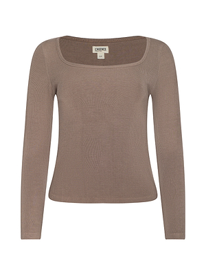 The Vanya Scoopneck Top is a taupe, long-sleeve stretch rib knit shirt with a square neckline, shown on a plain white background. The inner collar label reads 
