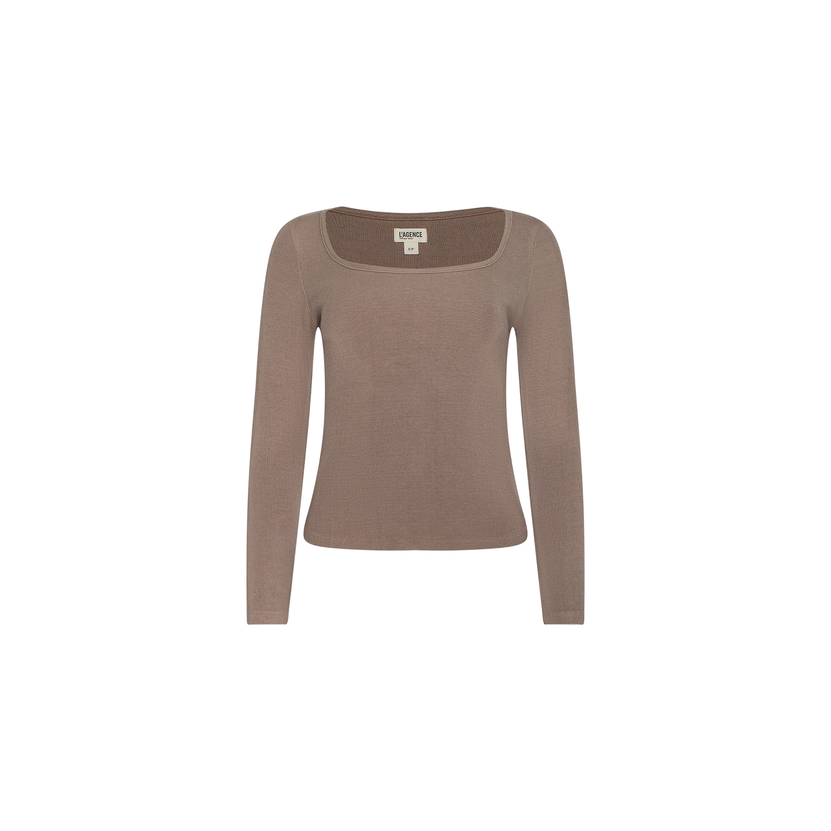 The Vanya Scoopneck Top, shown on a plain white background, is a taupe long-sleeve knit featuring a flattering square neckline and crafted from soft stretch rib fabric.