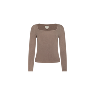 The Vanya Scoopneck Top, shown on a plain white background, is a taupe long-sleeve knit featuring a flattering square neckline and crafted from soft stretch rib fabric.