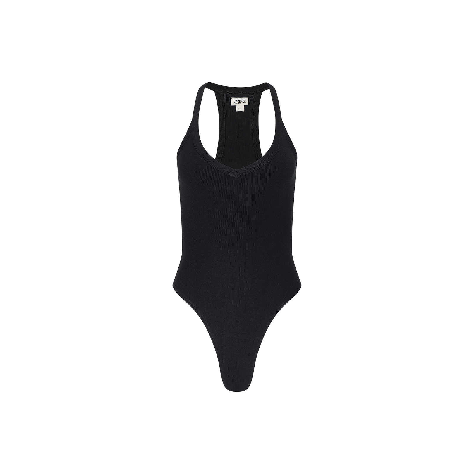 The Wrenna Racerback Bodysuit is a black, sleeveless tank crafted from soft rib fabric. It features a racerback design, scoop neckline, and high-cut leg openings, and is displayed on a plain white background.