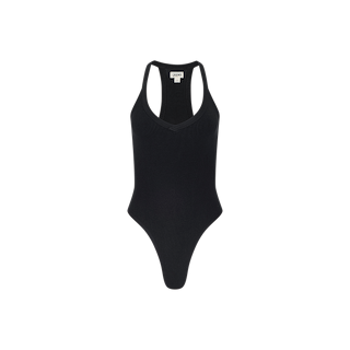 The Wrenna Racerback Bodysuit is a black, sleeveless tank crafted from soft rib fabric. It features a racerback design, scoop neckline, and high-cut leg openings, and is displayed on a plain white background.