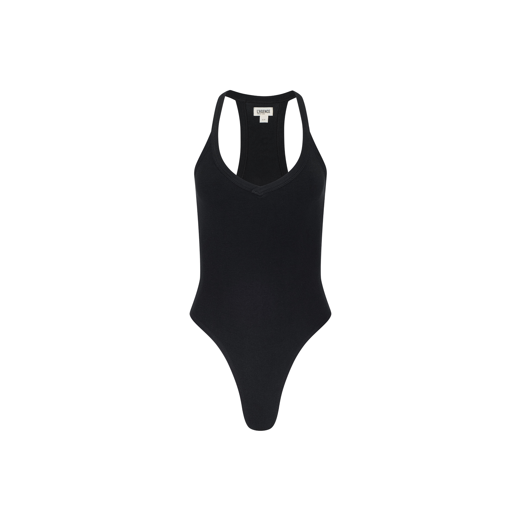 The Wrenna Racerback Bodysuit is a black, sleeveless tank crafted from soft rib fabric. It features a racerback design, scoop neckline, and high-cut leg openings, and is displayed on a plain white background.