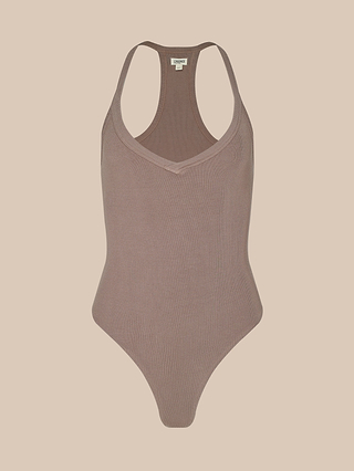 The Wrenna Racerback Bodysuit, featuring a taupe ribbed knit design with a scoop neckline and racerback straps, is displayed on a light beige background.
