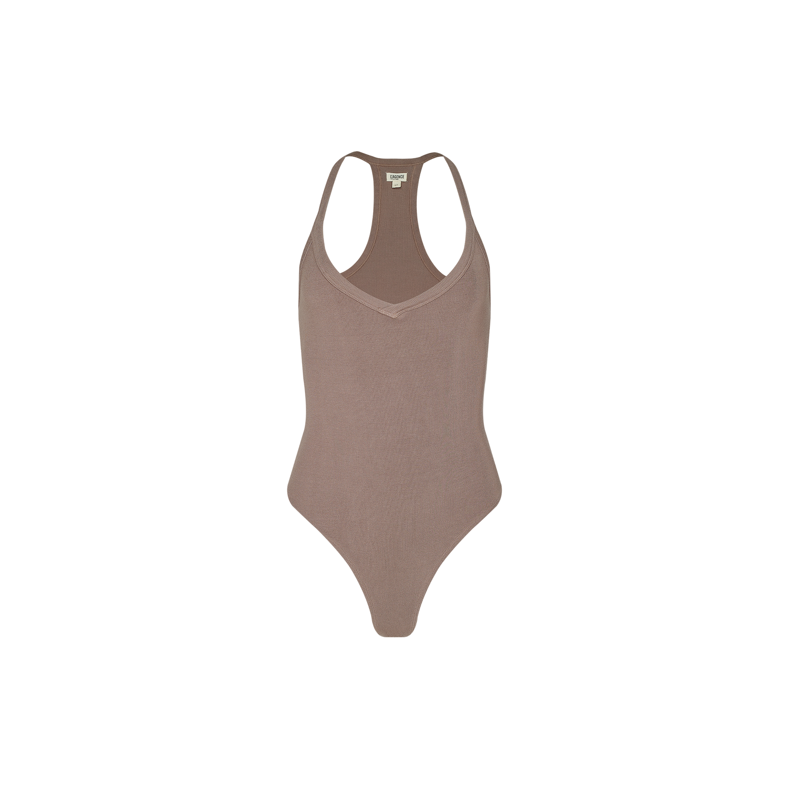 The Wrenna Racerback Bodysuit is a taupe, sleeveless tank crafted from rib fabric, featuring a V-neckline and racerback design, displayed on a plain white background.