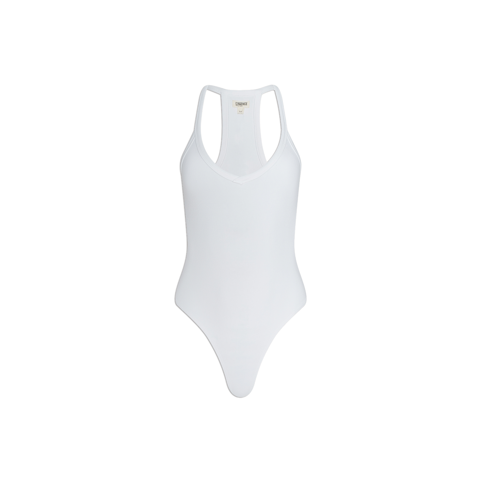 The Wrenna Racerback Bodysuit is a white sleeveless one-piece featuring a scoop neckline and racerback design, crafted from soft rib fabric for textured comfort—resembling a fitted tank bodysuit—shown against a plain white background.