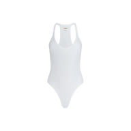 The Wrenna Racerback Bodysuit is a white sleeveless one-piece featuring a scoop neckline and racerback design, crafted from soft rib fabric for textured comfort—resembling a fitted tank bodysuit—shown against a plain white background.