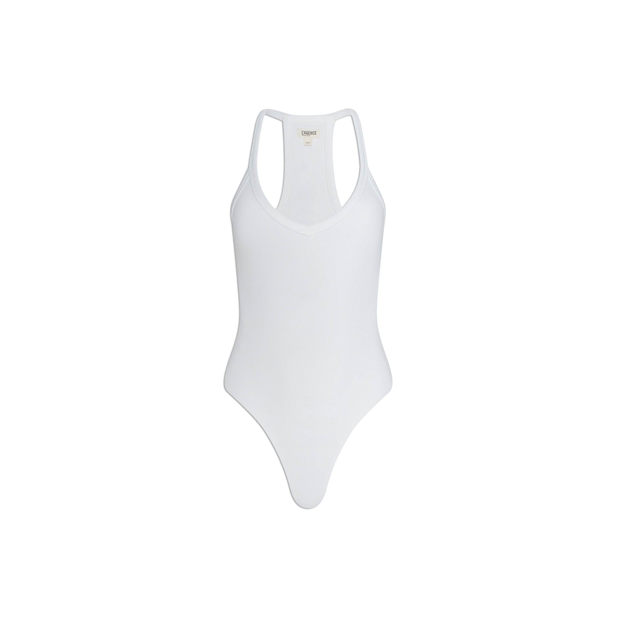 The Wrenna Racerback Bodysuit is a white sleeveless one-piece featuring a scoop neckline and racerback design, crafted from soft rib fabric for textured comfort—resembling a fitted tank bodysuit—shown against a plain white background.