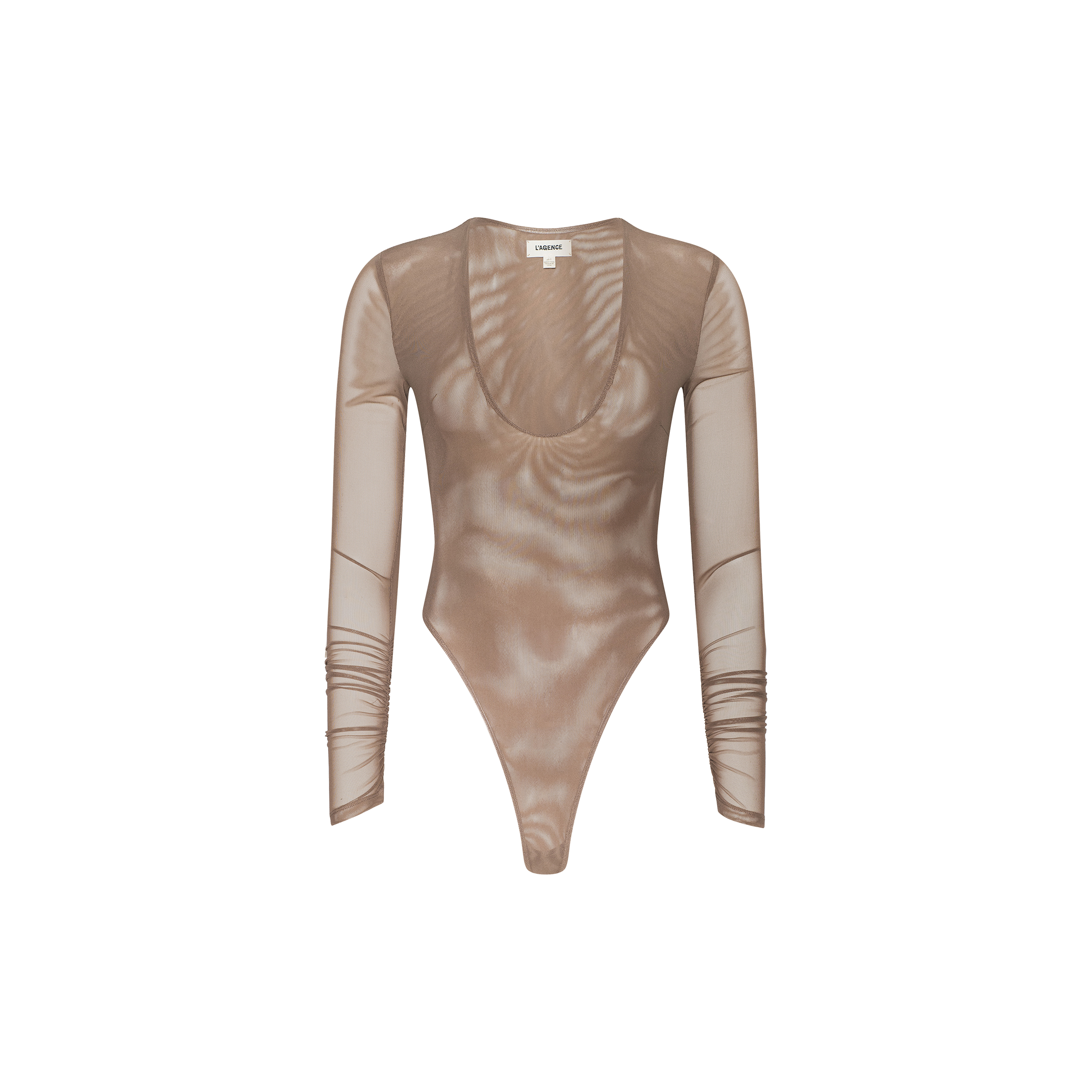 Thalassa High-Leg Bodysuit in brown, a sheer, long-sleeve mesh design featuring a scoop neckline and high-cut legs, displayed on a plain white background.