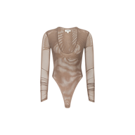 Thalassa High-Leg Bodysuit in brown, a sheer, long-sleeve mesh design featuring a scoop neckline and high-cut legs, displayed on a plain white background.