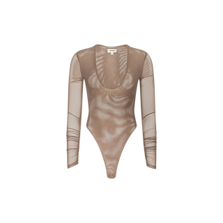 The Thalassa High-Leg Bodysuit is a sheer, long-sleeve brown mesh bodysuit featuring a scoop neckline, ruched sleeves, and a flattering high-leg silhouette, shown on a plain white background.