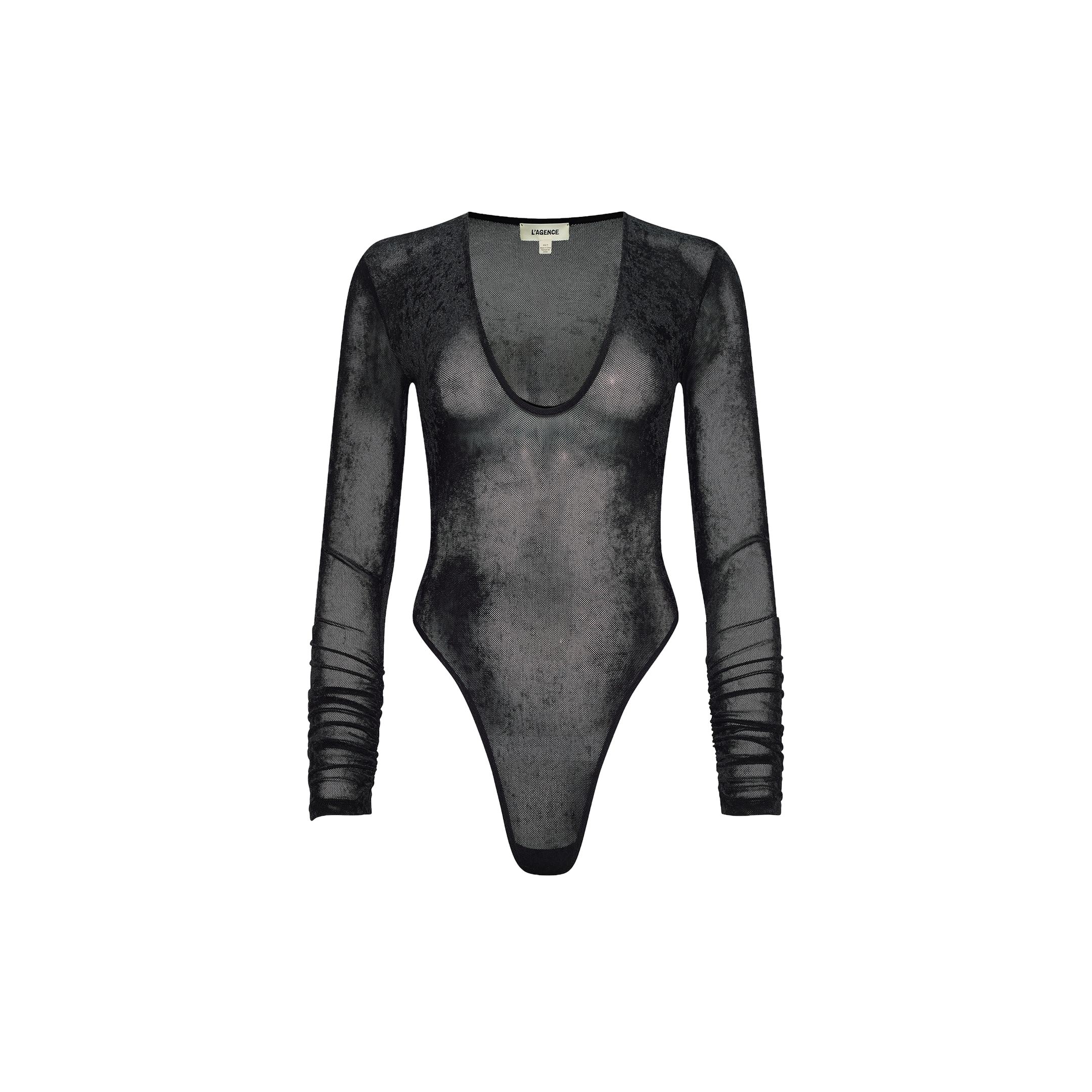 Thalassa Velvet Mesh Bodysuit in black, featuring long sleeves, a low scoop neckline, and sheer, textured velvet mesh fabric.